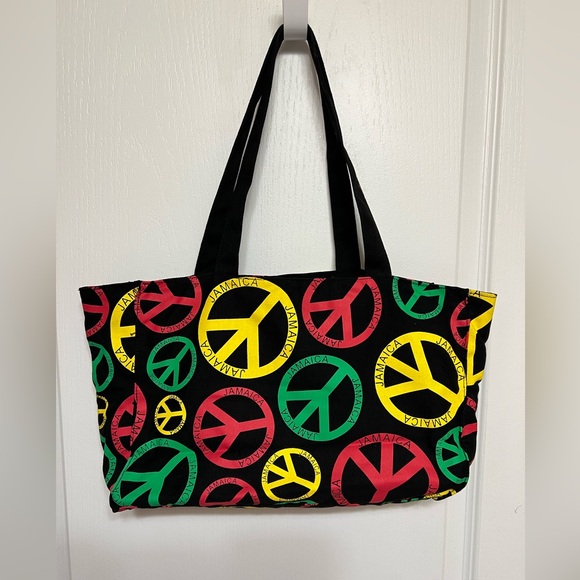 Colorful Jamaica Peace Sign Zippered Tote Bag - Picture 4 of 7
